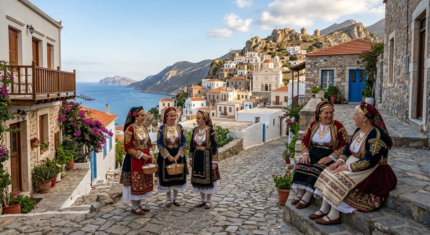 Women of Karpathos in traditional local dress, Olympos village