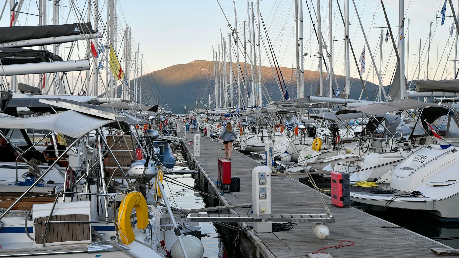 Small boats and sailboats at the harbor of Lefkada, Greece