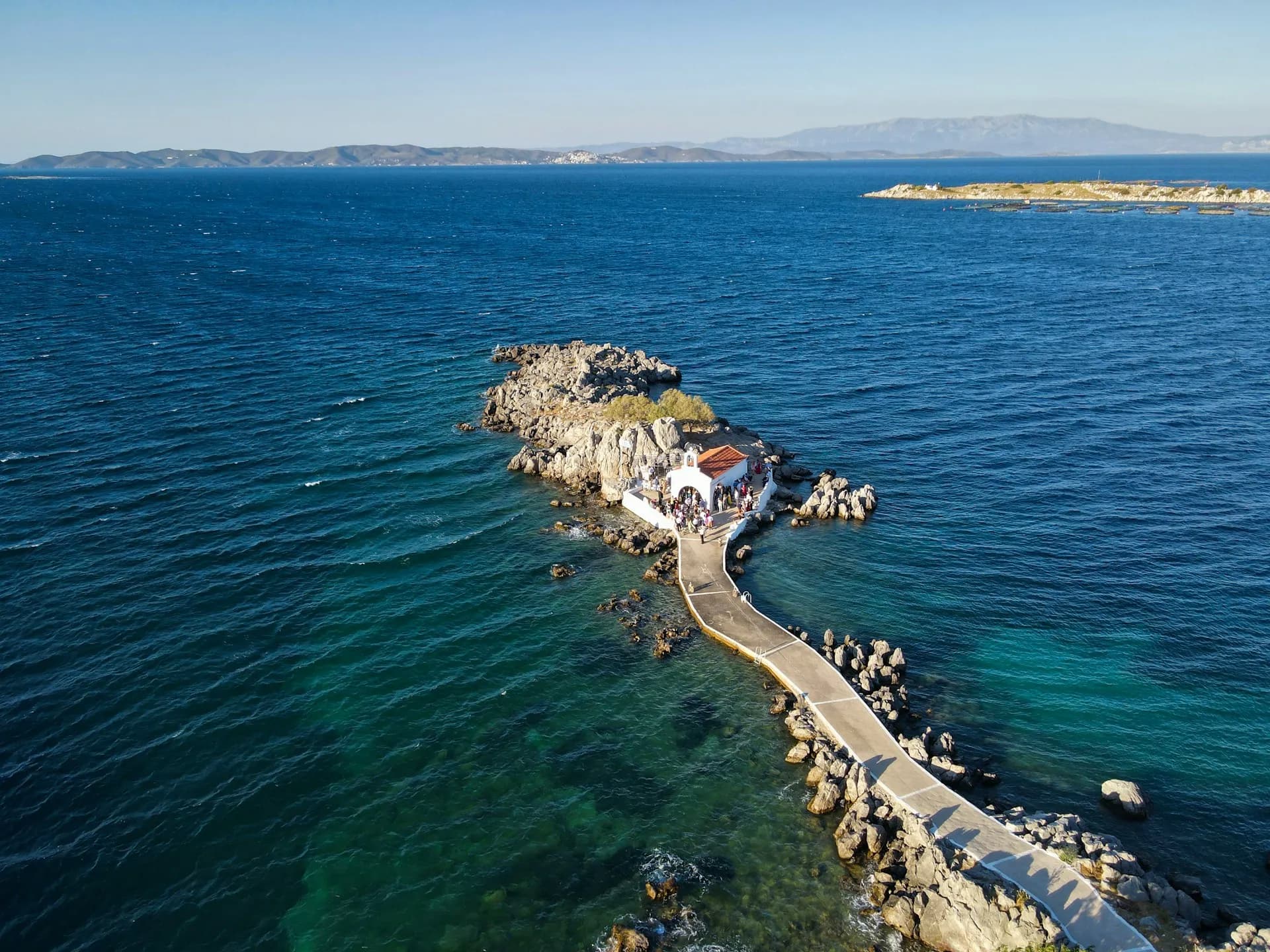 Drone shot taken above Agios Isidoros chapel in Chios island, Greece.